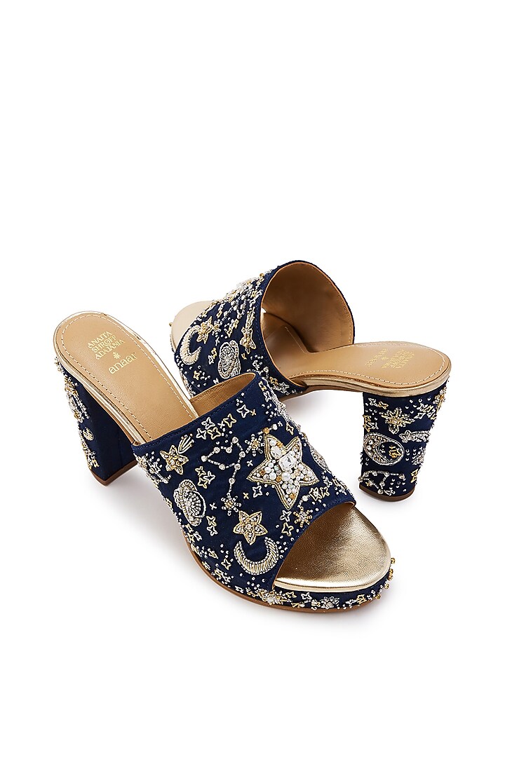 Navy Blue Satin Cutdana Hand Embroidered Platform Heels by Anaar at Pernia's Pop Up Shop