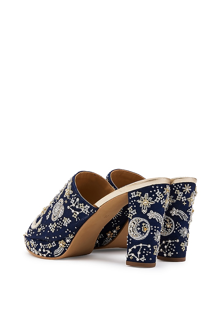 Navy Blue Satin Cutdana Hand Embroidered Platform Heels by Anaar at Pernia's Pop Up Shop
