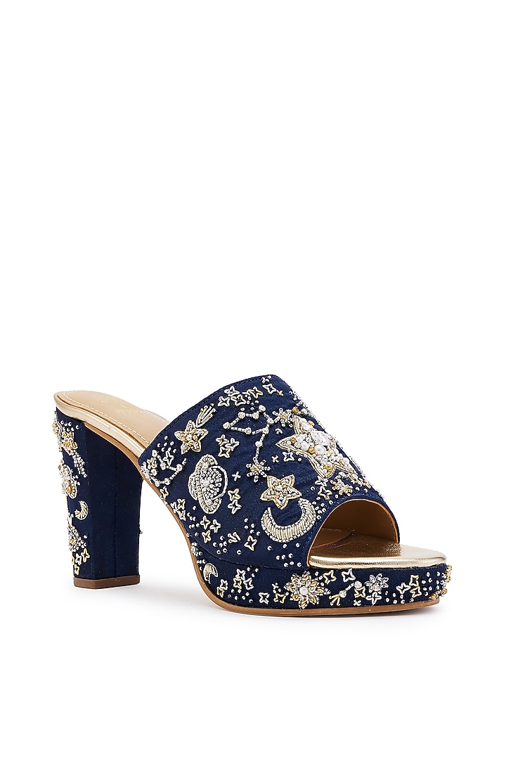 Navy Blue Satin Cutdana Hand Embroidered Platform Heels by Anaar at Pernia's Pop Up Shop