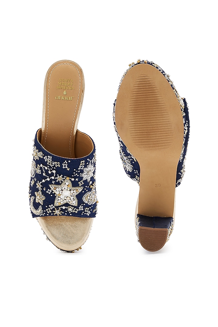 Navy Blue Satin Cutdana Hand Embroidered Platform Heels by Anaar at Pernia's Pop Up Shop