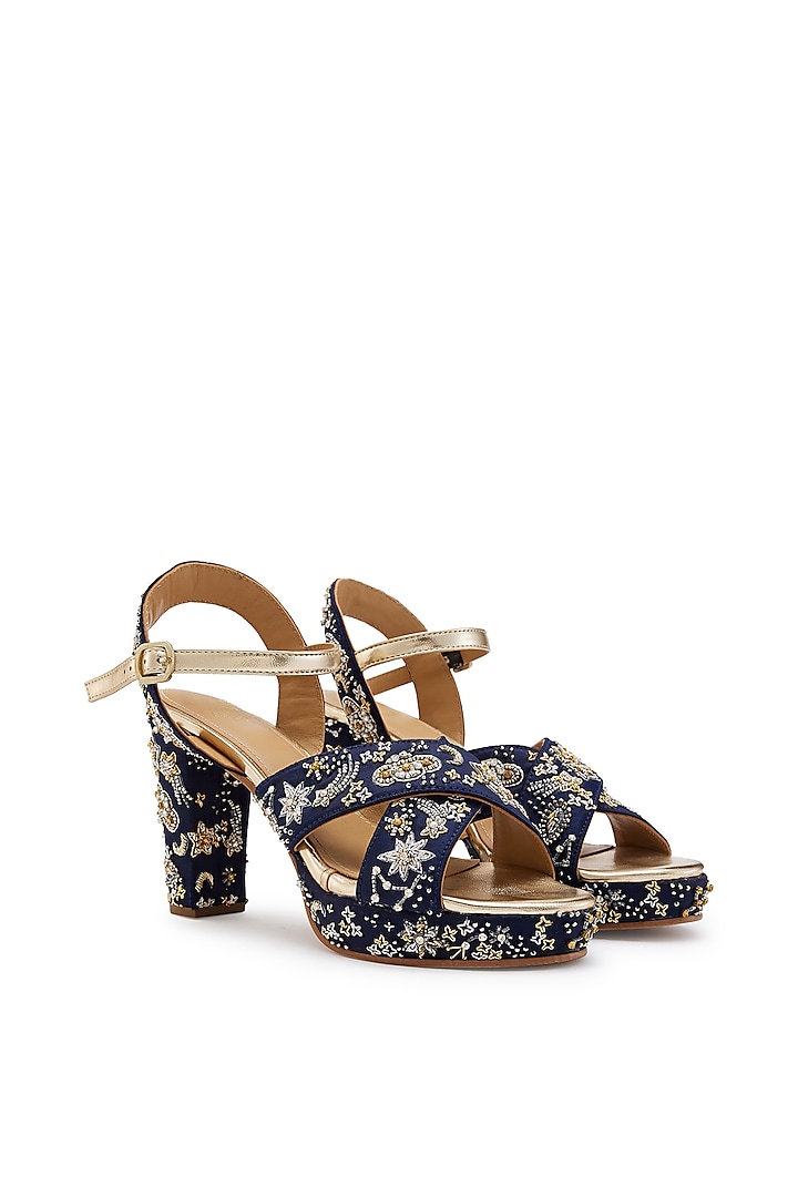 Navy Blue Satin Cutdana Hand Embroidered Platform Heels by Anaar at Pernia's Pop Up Shop