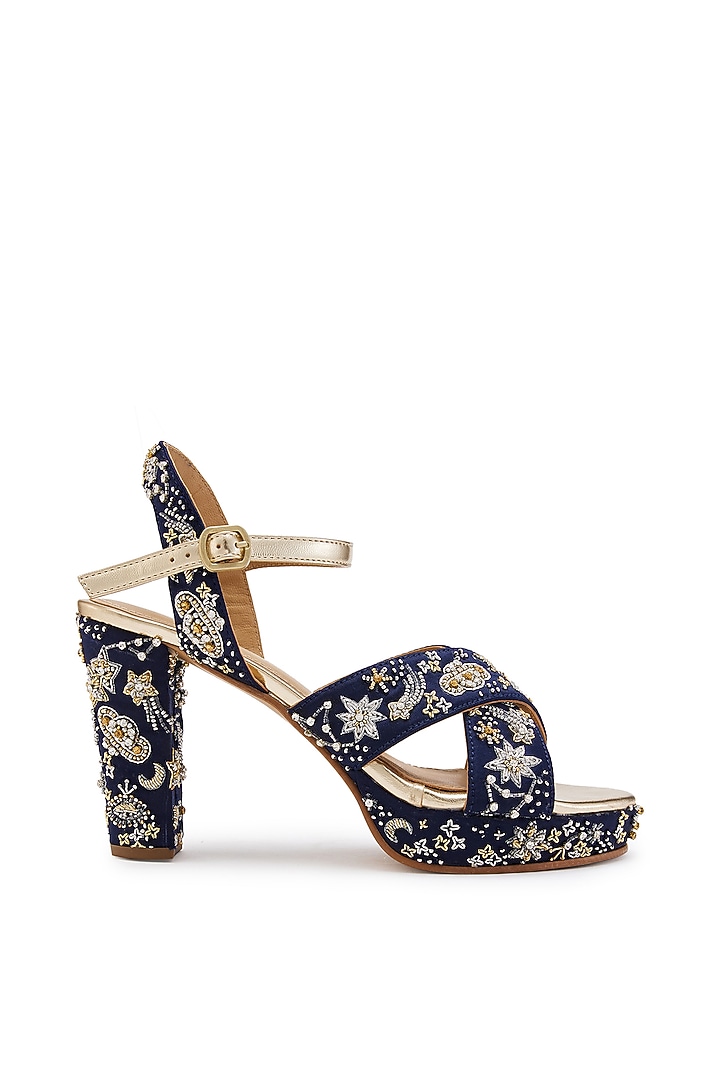 Navy Blue Satin Cutdana Hand Embroidered Platform Heels by Anaar at Pernia's Pop Up Shop