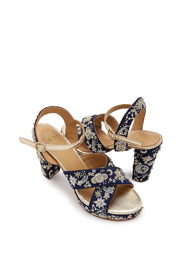 Navy Blue Satin Cutdana Hand Embroidered Platform Heels by Anaar at Pernia's Pop Up Shop