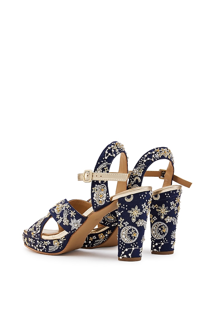 Navy Blue Satin Cutdana Hand Embroidered Platform Heels by Anaar at Pernia's Pop Up Shop
