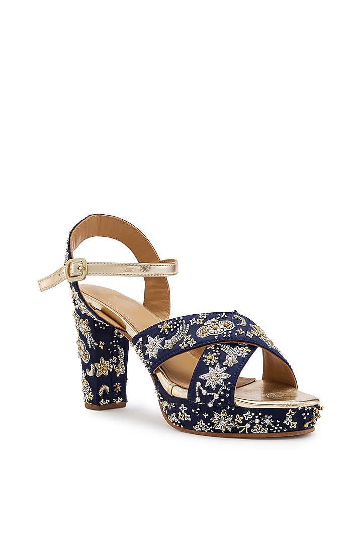 Navy Blue Satin Cutdana Hand Embroidered Platform Heels by Anaar at Pernia's Pop Up Shop