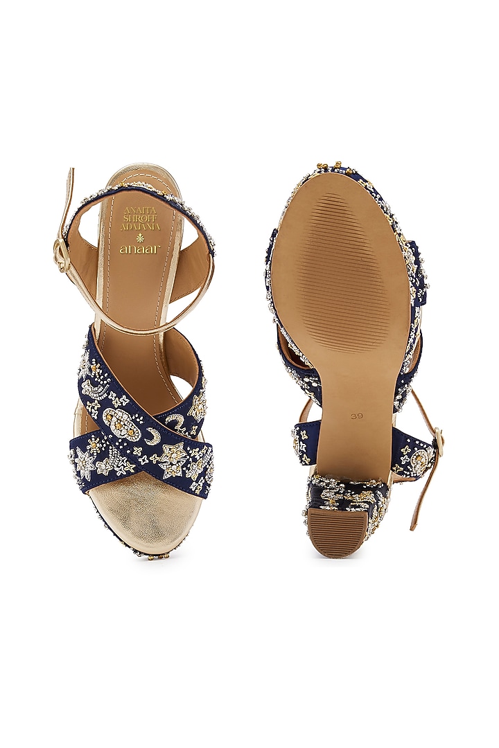 Navy Blue Satin Cutdana Hand Embroidered Platform Heels by Anaar at Pernia's Pop Up Shop
