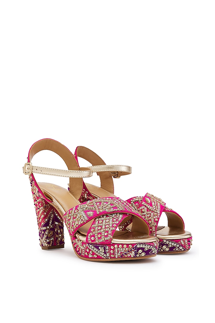 Fuchsia & Purple Silk Zardosi Hand Embroidered Platform Heels by Anaar at Pernia's Pop Up Shop