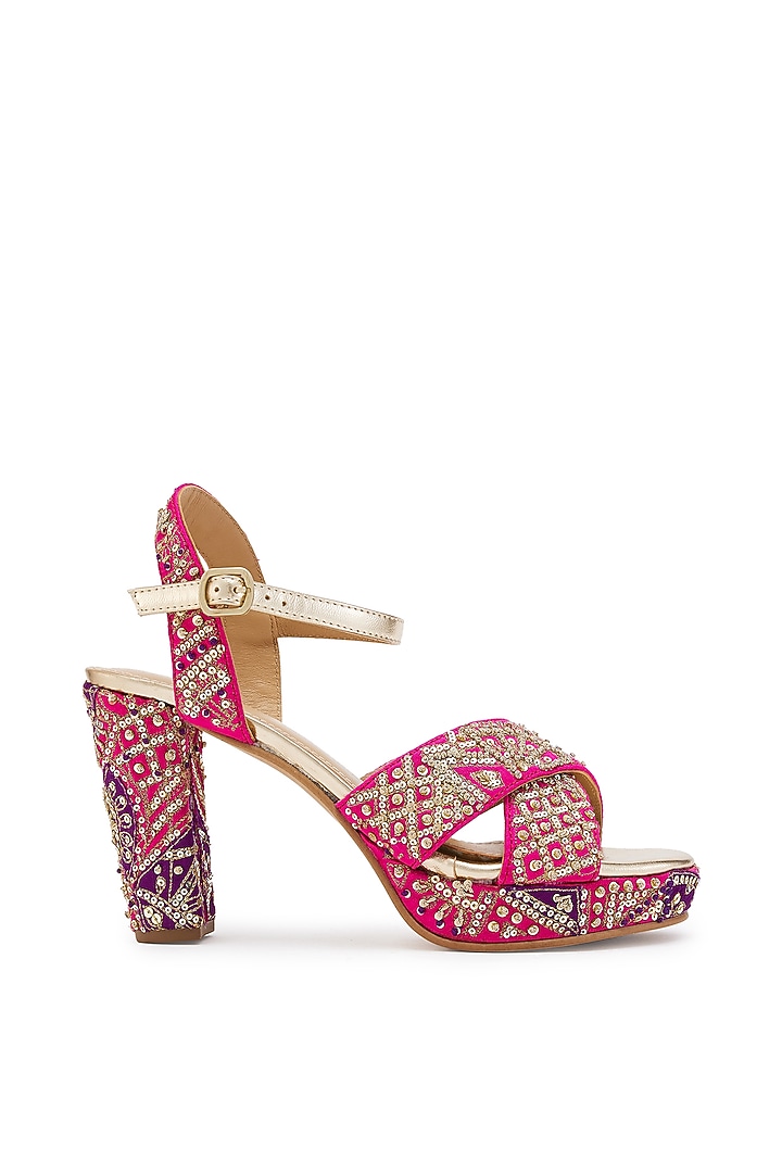 Fuchsia & Purple Silk Zardosi Hand Embroidered Platform Heels by Anaar at Pernia's Pop Up Shop