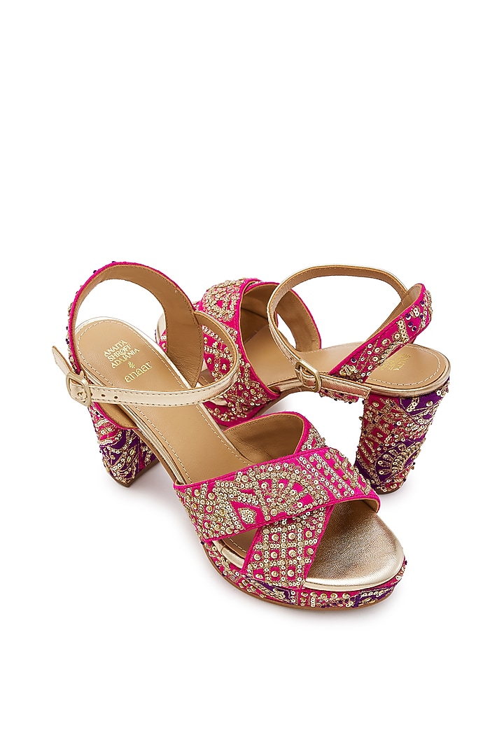 Fuchsia & Purple Silk Zardosi Hand Embroidered Platform Heels by Anaar at Pernia's Pop Up Shop