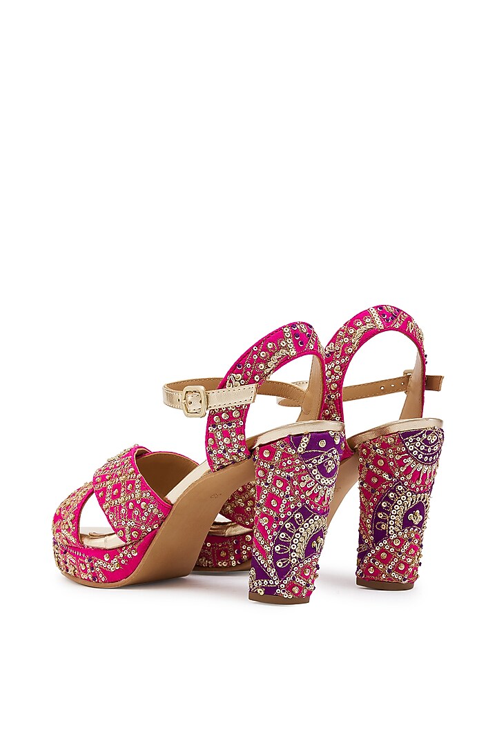 Fuchsia & Purple Silk Zardosi Hand Embroidered Platform Heels by Anaar at Pernia's Pop Up Shop