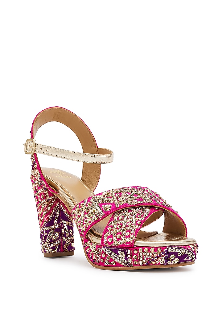 Fuchsia & Purple Silk Zardosi Hand Embroidered Platform Heels by Anaar at Pernia's Pop Up Shop