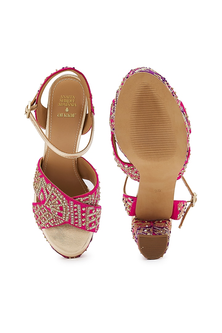 Fuchsia & Purple Silk Zardosi Hand Embroidered Platform Heels by Anaar at Pernia's Pop Up Shop