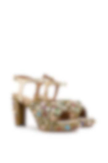 Green & Golden Brocade Hand Embroidered Platform Heels by Anaar at Pernia's Pop Up Shop