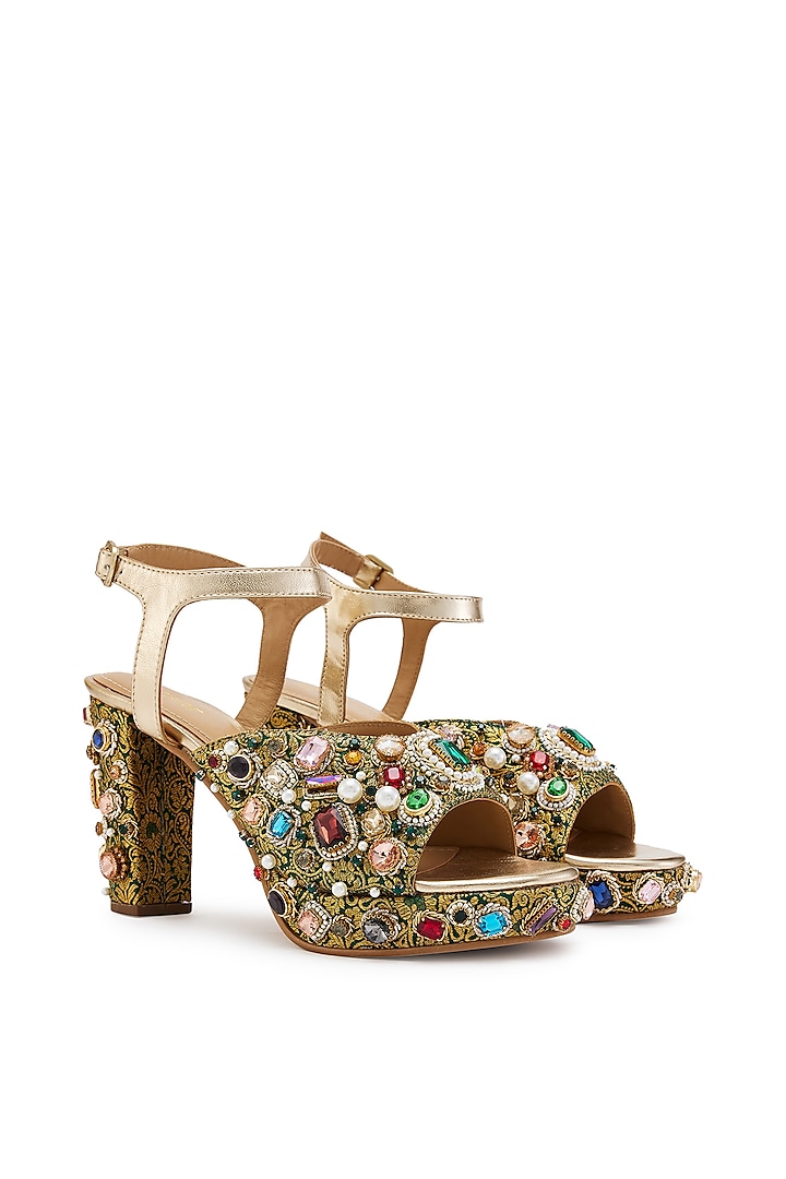 Green & Golden Brocade Hand Embroidered Platform Heels by Anaar at Pernia's Pop Up Shop