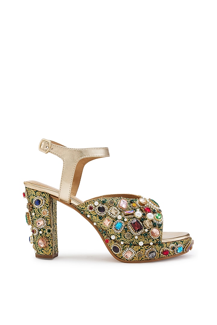 Green & Golden Brocade Hand Embroidered Platform Heels by Anaar at Pernia's Pop Up Shop