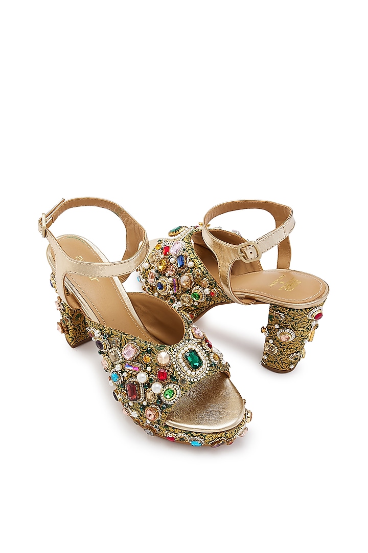 Green & Golden Brocade Hand Embroidered Platform Heels by Anaar at Pernia's Pop Up Shop