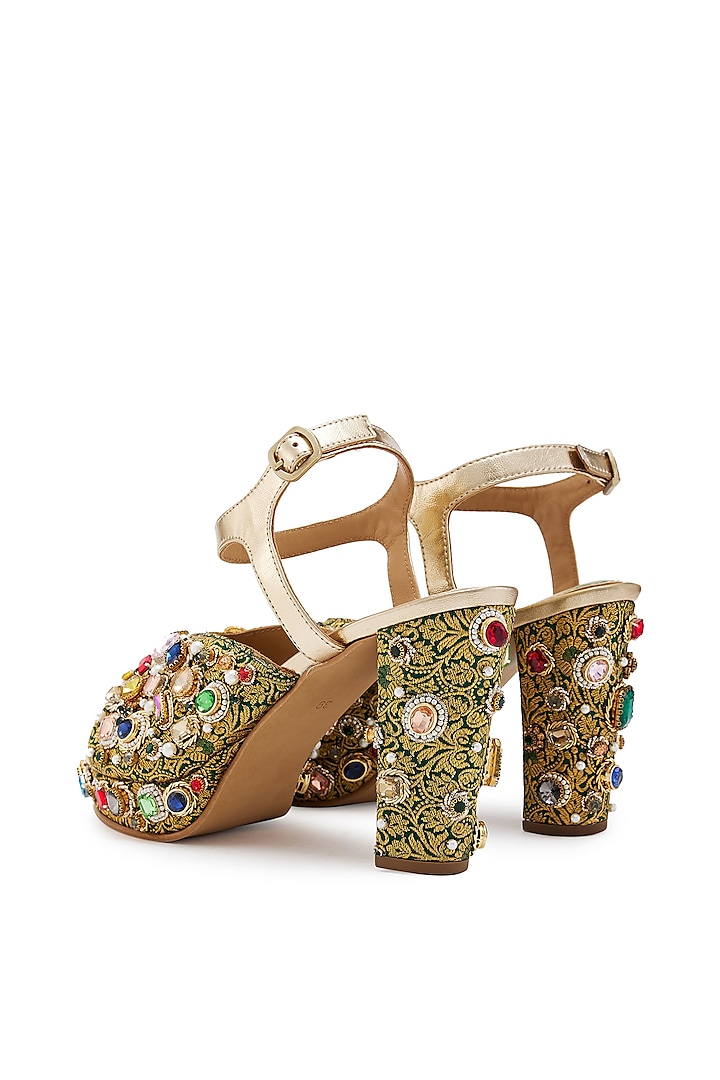 Green & Golden Brocade Hand Embroidered Platform Heels by Anaar at Pernia's Pop Up Shop