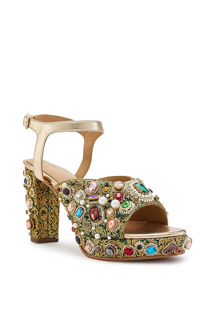 Green & Golden Brocade Hand Embroidered Platform Heels by Anaar at Pernia's Pop Up Shop