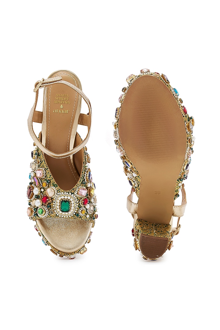 Green & Golden Brocade Hand Embroidered Platform Heels by Anaar at Pernia's Pop Up Shop