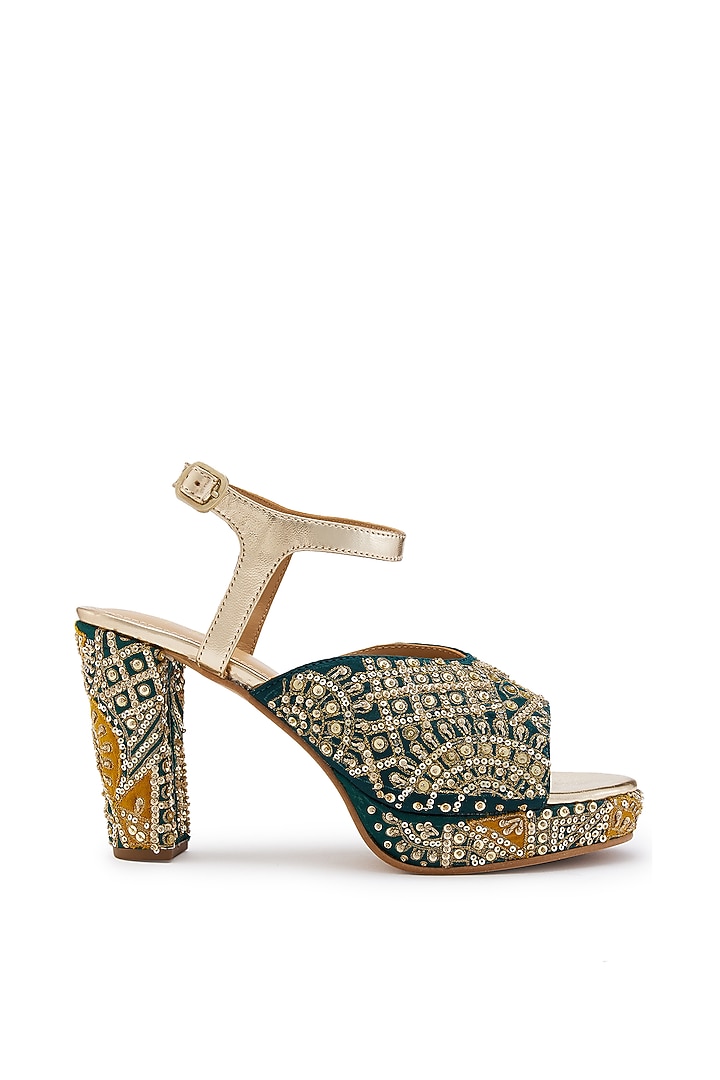 Green & Yellow Silk Zardosi Hand Embroidered Platform Heels by Anaar at Pernia's Pop Up Shop