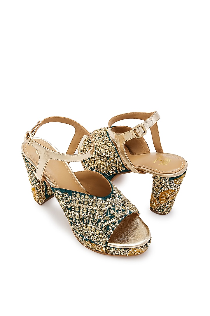 Green & Yellow Silk Zardosi Hand Embroidered Platform Heels by Anaar at Pernia's Pop Up Shop