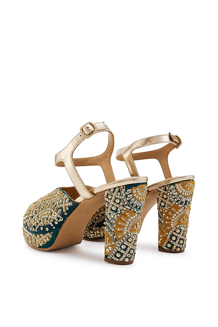 Green & Yellow Silk Zardosi Hand Embroidered Platform Heels by Anaar at Pernia's Pop Up Shop