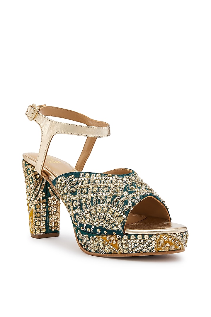 Green & Yellow Silk Zardosi Hand Embroidered Platform Heels by Anaar at Pernia's Pop Up Shop