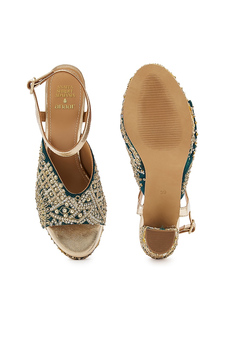 Green & Yellow Silk Zardosi Hand Embroidered Platform Heels by Anaar at Pernia's Pop Up Shop