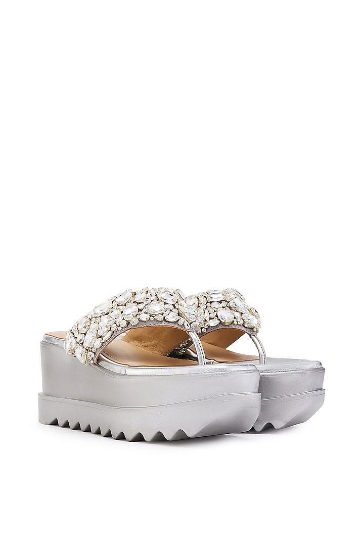 Silver Satin Stone Hand Embroidered Wedges by Anaar at Pernia's Pop Up Shop