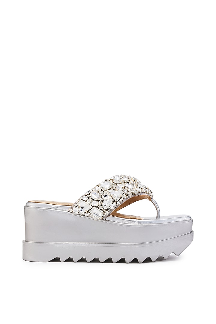 Silver Satin Stone Hand Embroidered Wedges by Anaar at Pernia's Pop Up Shop