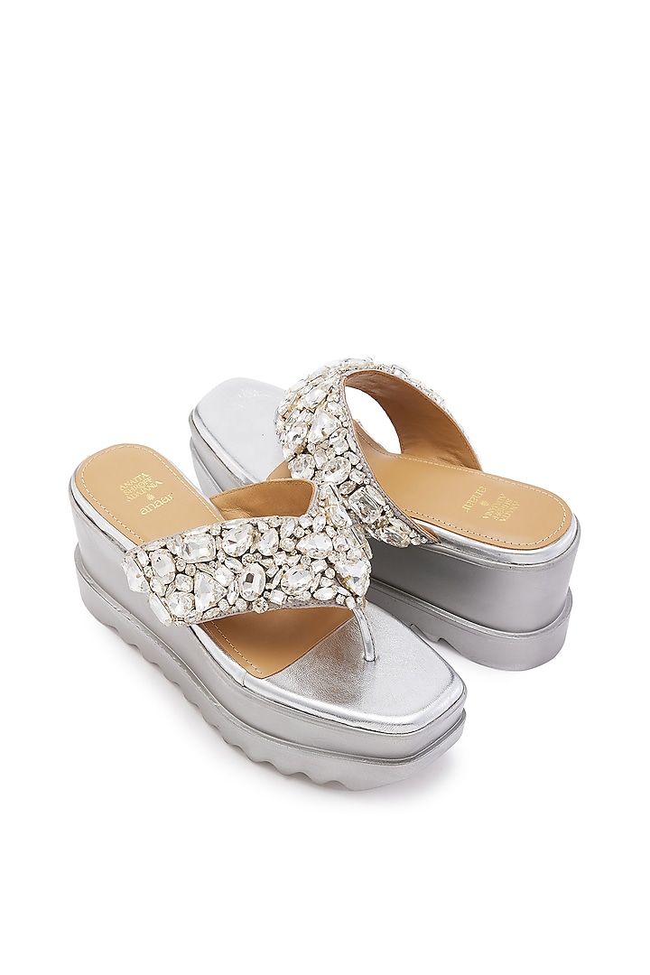 Silver Satin Stone Hand Embroidered Wedges by Anaar at Pernia's Pop Up Shop