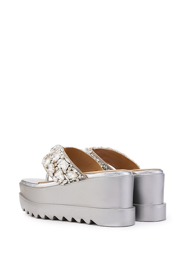 Silver Satin Stone Hand Embroidered Wedges by Anaar at Pernia's Pop Up Shop