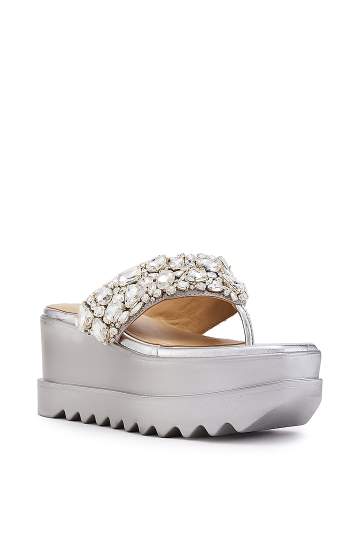 Silver Satin Stone Hand Embroidered Wedges by Anaar at Pernia's Pop Up Shop