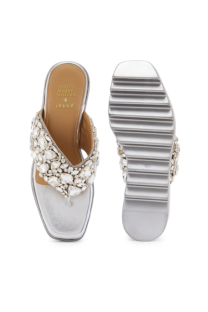 Silver Satin Stone Hand Embroidered Wedges by Anaar at Pernia's Pop Up Shop