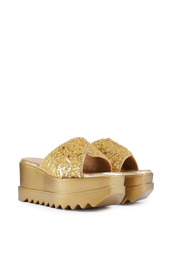 Gold Satin Cutdana Hand Embroidered Wedges by Anaar at Pernia's Pop Up Shop