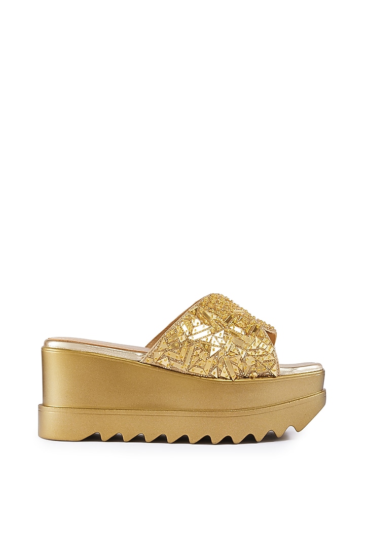 Gold Satin Cutdana Hand Embroidered Wedges by Anaar at Pernia's Pop Up Shop