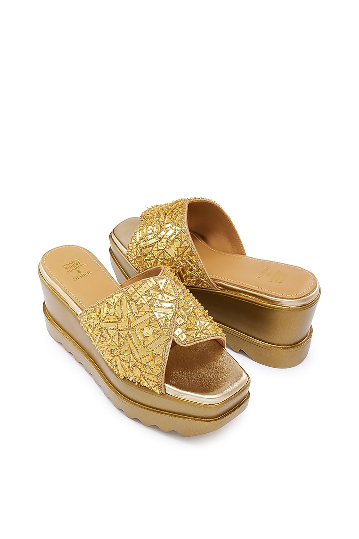 Gold Satin Cutdana Hand Embroidered Wedges by Anaar at Pernia's Pop Up Shop