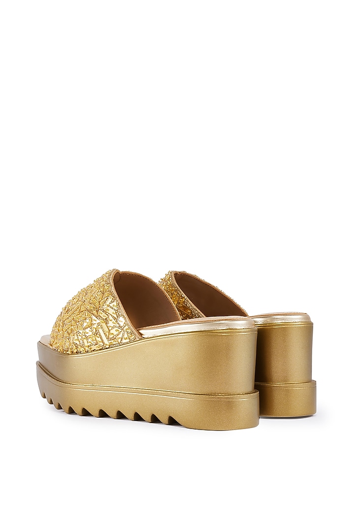 Gold Satin Cutdana Hand Embroidered Wedges by Anaar at Pernia's Pop Up Shop
