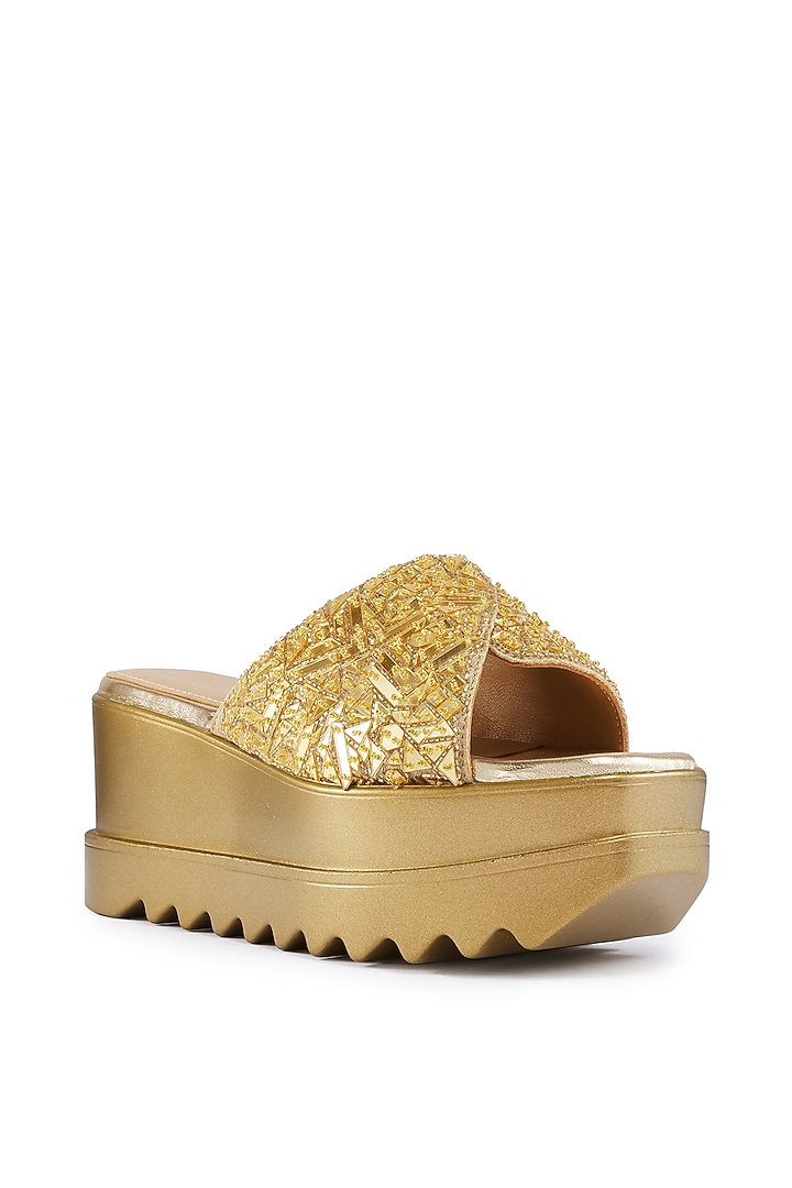 Gold Satin Cutdana Hand Embroidered Wedges by Anaar at Pernia's Pop Up Shop