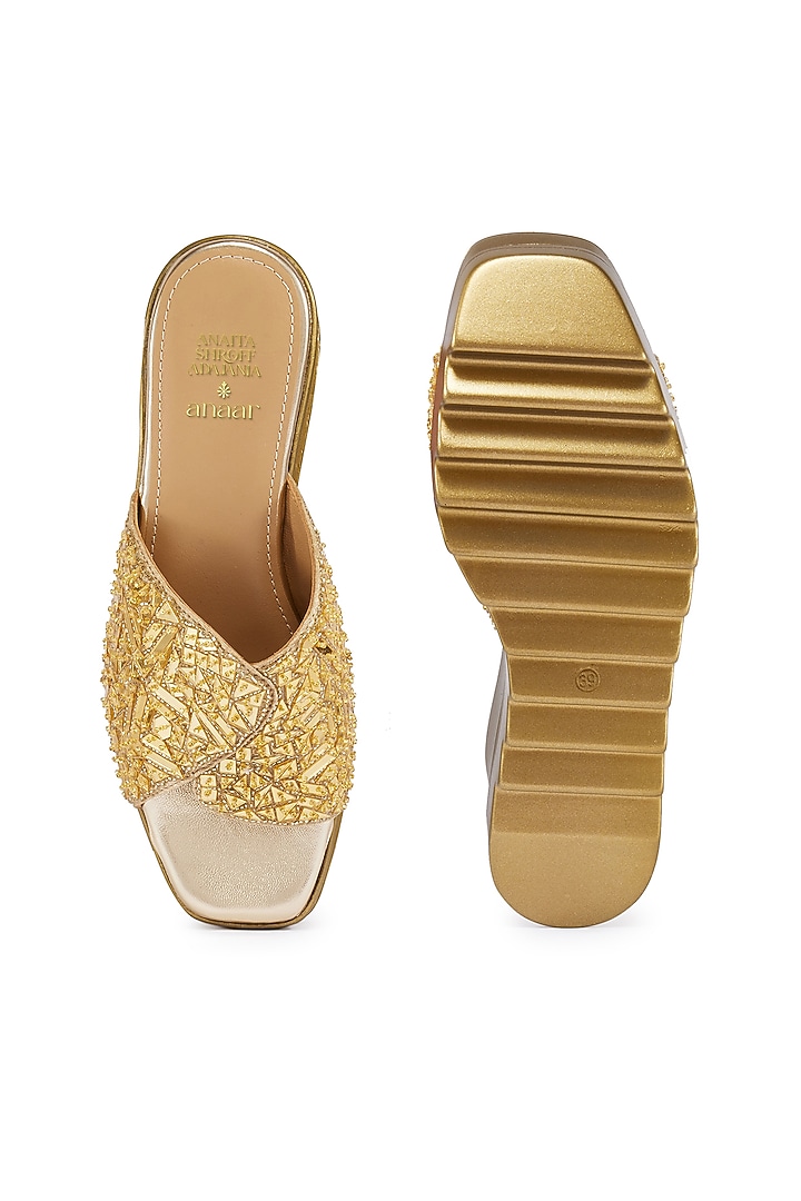 Gold Satin Cutdana Hand Embroidered Wedges by Anaar at Pernia's Pop Up Shop