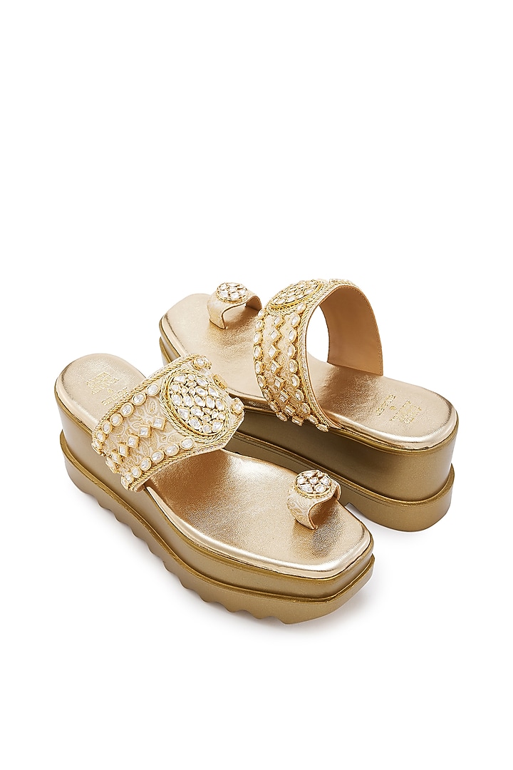 Gold Brocade Jadau Hand Embroidered Wedges by Anaar at Pernia's Pop Up Shop
