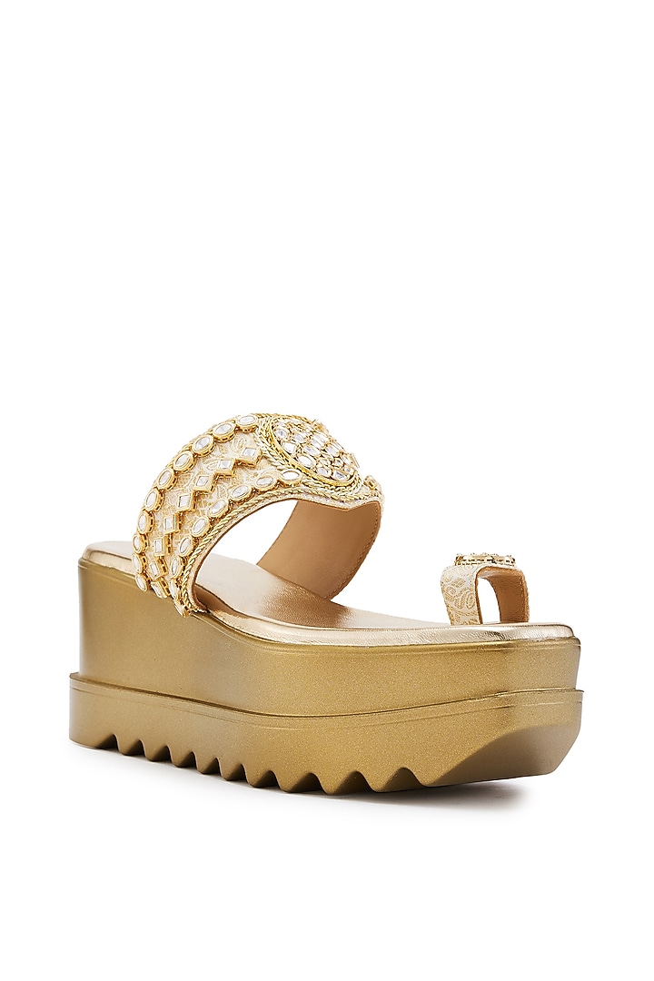 Gold Brocade Jadau Hand Embroidered Wedges by Anaar at Pernia's Pop Up Shop
