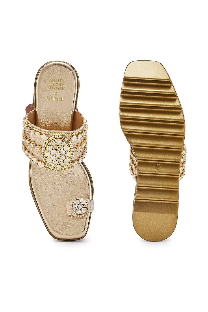 Gold Brocade Jadau Hand Embroidered Wedges by Anaar at Pernia's Pop Up Shop