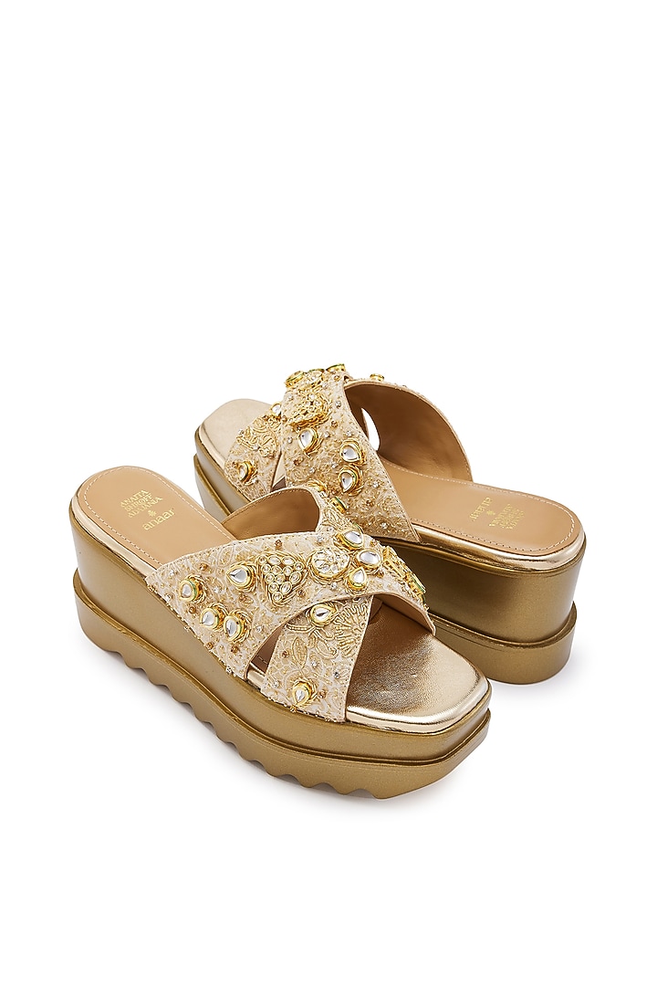 Gold Brocade Jadau Hand Embroidered Wedges by Anaar at Pernia's Pop Up Shop