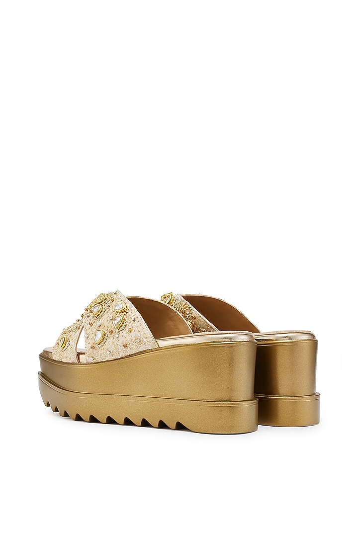 Gold Brocade Jadau Hand Embroidered Wedges by Anaar at Pernia's Pop Up Shop