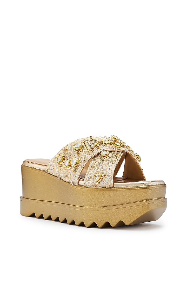 Gold Brocade Jadau Hand Embroidered Wedges by Anaar at Pernia's Pop Up Shop