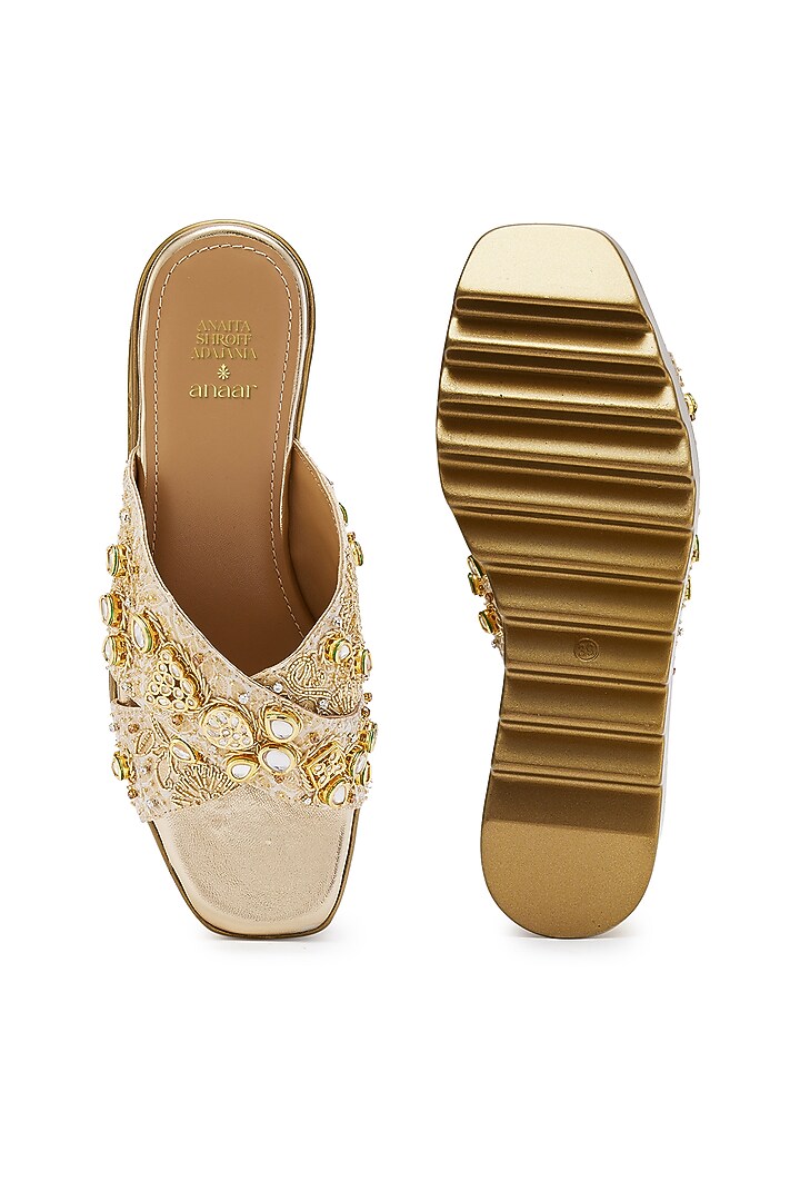 Gold Brocade Jadau Hand Embroidered Wedges by Anaar at Pernia's Pop Up Shop