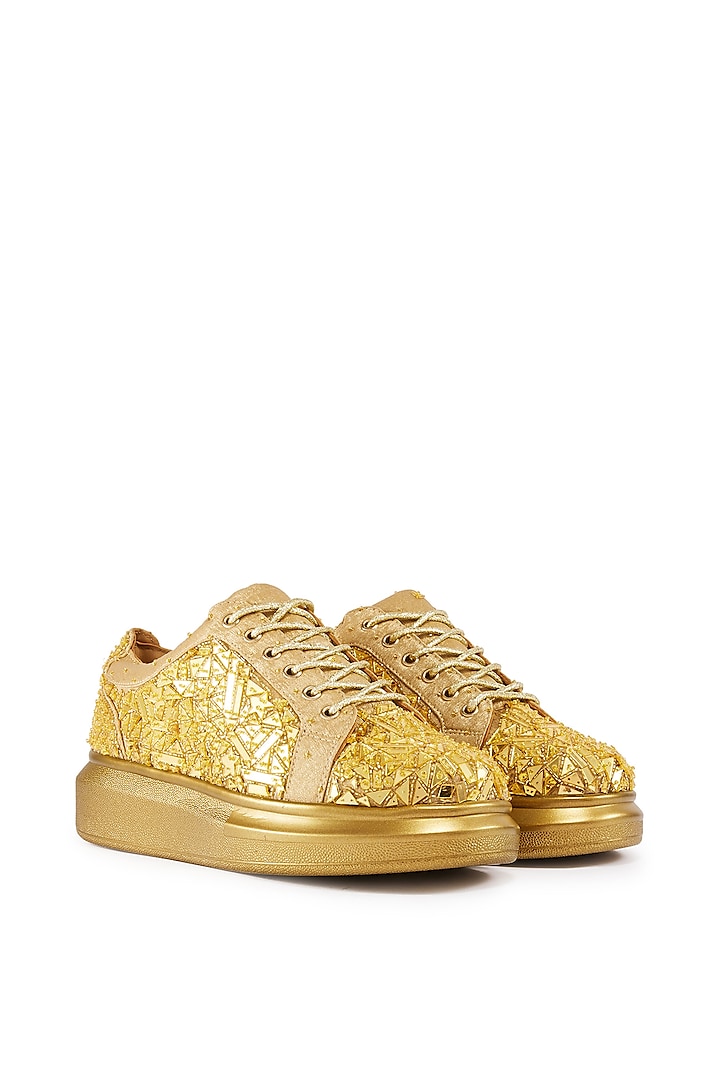 Gold Foiled Milano Satin Cutdana Hand Embroidered Sneakers by Anaar at Pernia's Pop Up Shop