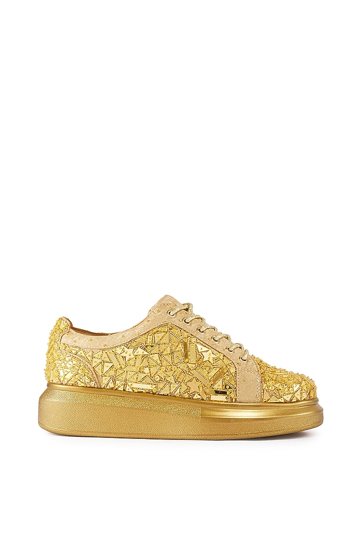 Gold Foiled Milano Satin Cutdana Hand Embroidered Sneakers by Anaar at Pernia's Pop Up Shop