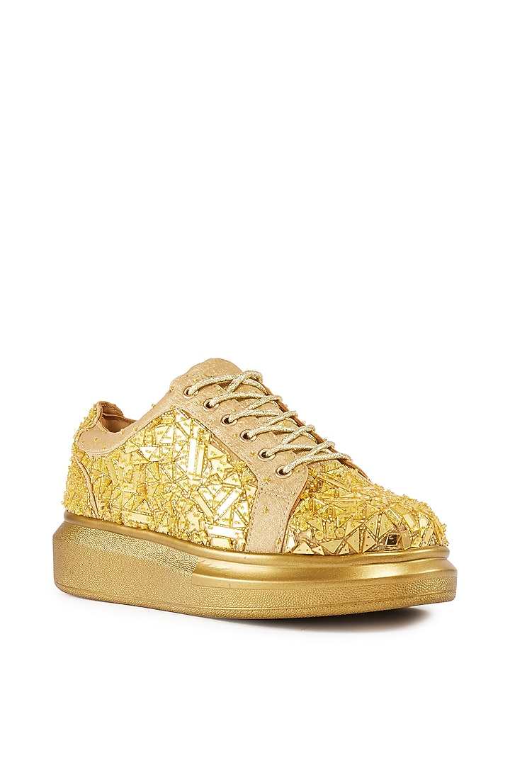 Gold Foiled Milano Satin Cutdana Hand Embroidered Sneakers by Anaar at Pernia's Pop Up Shop